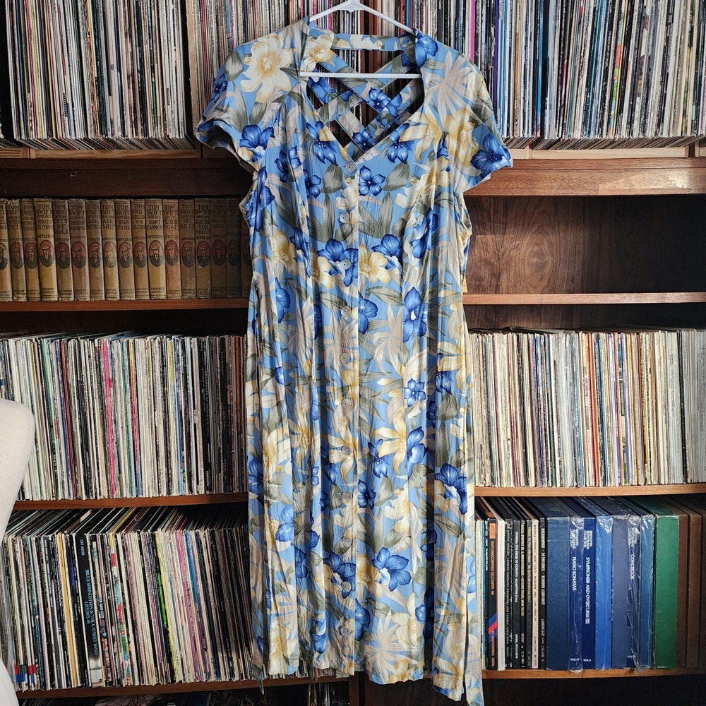 Dress Barn Vintage 90s Hawaiian Floral Lattice Back Dress Blue Yellow 18W